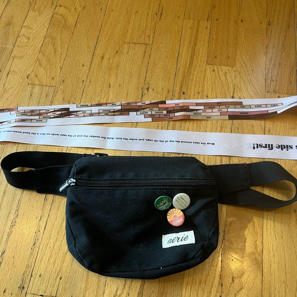 Aerie Fanny pack, pins, and bra measurement tape
